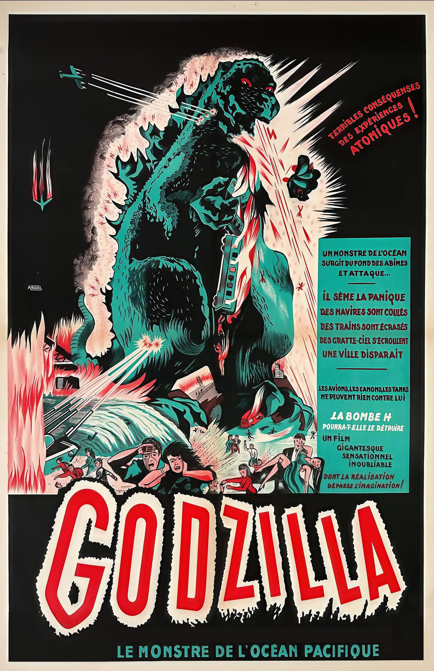 Godzilla French Movie Poster • Vintage 1950s Sci-Fi Film Art Print • Le Monstre de l’Océan Pacifique • Retro Kaiju Wall Decor