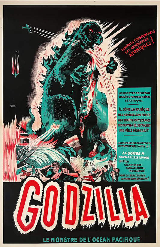 Godzilla French Movie Poster • Vintage 1950s Sci-Fi Film Art Print • Le Monstre de l’Océan Pacifique • Retro Kaiju Wall Decor