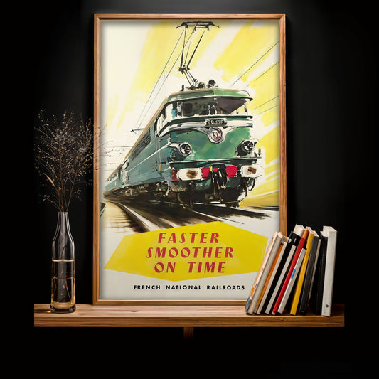 French rail poster vintage train art print, Faster Smoother On Time, travel wall decor