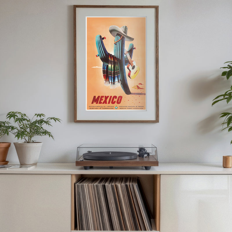 Mexico travel poster print, sombrero cactus art vintage-style tourism wall decor for fiesta-loving homes