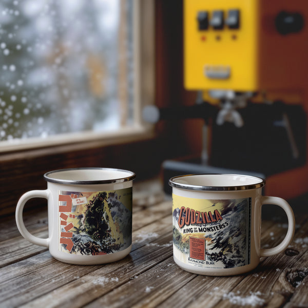 Godzilla Enamel Mug • King of the Monsters Retro Sci-Fi Movie Poster Cup • Vintage 1950s Kaiju Film Art Gift