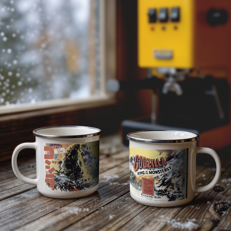 Godzilla Enamel Mug • King of the Monsters Retro Sci-Fi Movie Poster Cup • Vintage 1950s Kaiju Film Art Gift