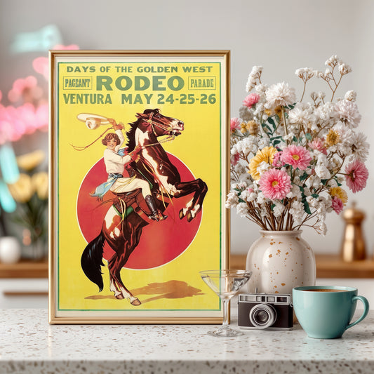 Vintage Rodeo Poster Print, “Days of the Golden West” Ventura CA, Cowgirl & Horse Western Wall Art, Retro Americana Decor, 11x17