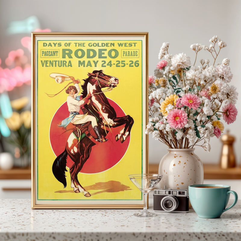 Vintage Rodeo Poster Print, “Days of the Golden West” Ventura CA, Cowgirl & Horse Western Wall Art, Retro Americana Decor, 11x17