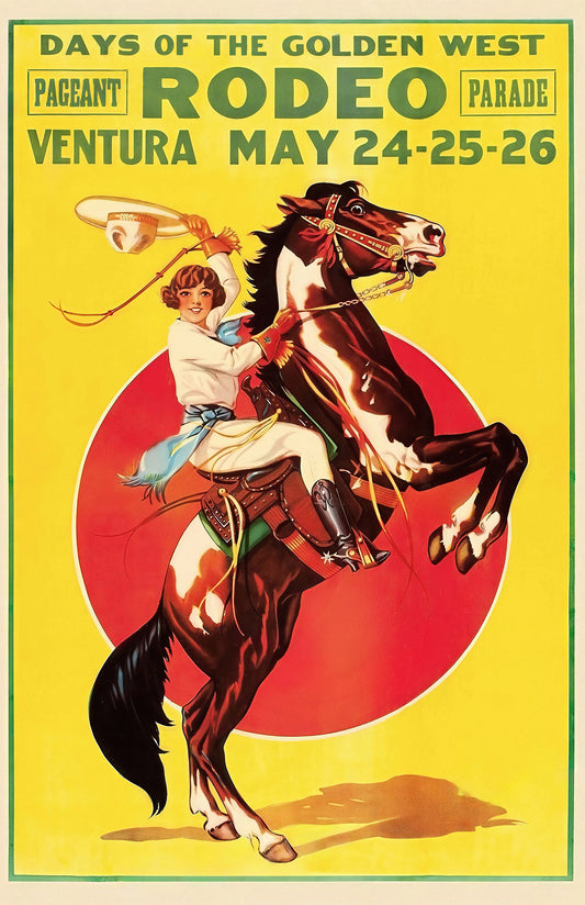 Vintage Rodeo Poster Print, “Days of the Golden West” Ventura CA, Cowgirl & Horse Western Wall Art, Retro Americana Decor, 11x17