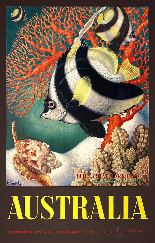 Australia Great Barrier Reef Vintage Travel Poster – Tropical Fish & Coral Art Print, Retro Marine Wildlife Wall Art