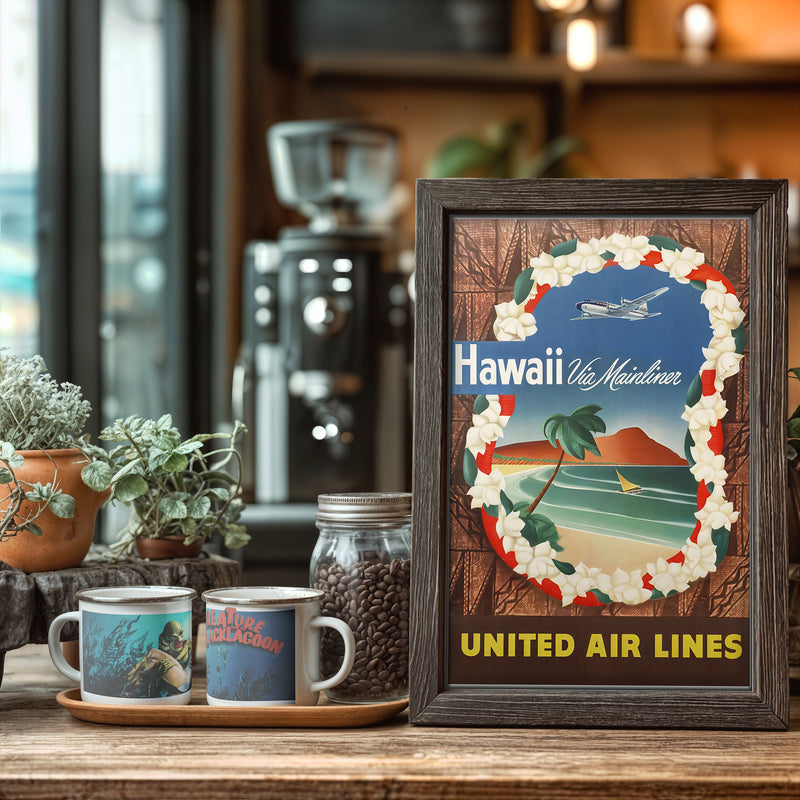 Vintage United Air Lines Hawaii Poster – Restored Mid-Century Travel Print, Retro Airline Art, Tropical Wall Decor