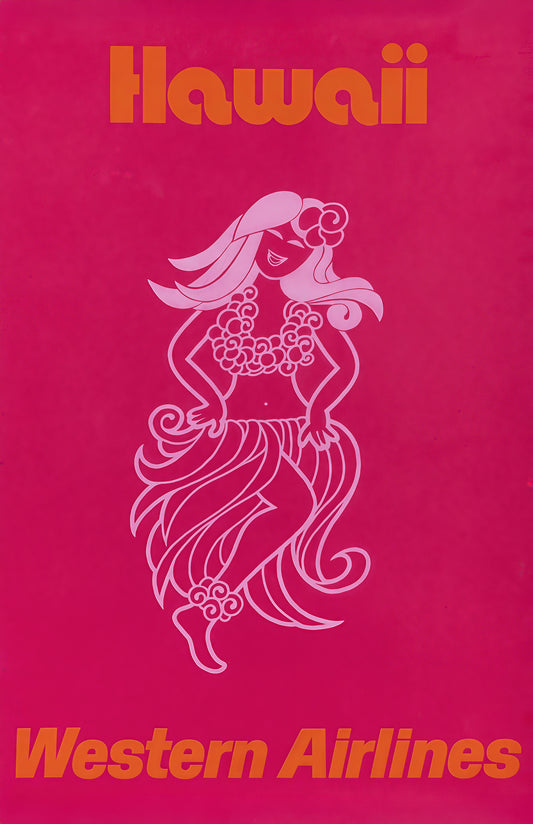Hawaii Western Airlines Vintage Travel Poster – Retro Pink Hula Art (11×17)