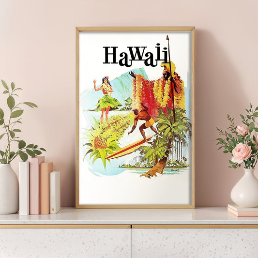 Vintage Hawaii Travel Poster – Retro Airline Surf & Hula Art Print, Mid-Century Tropical Wall Decor