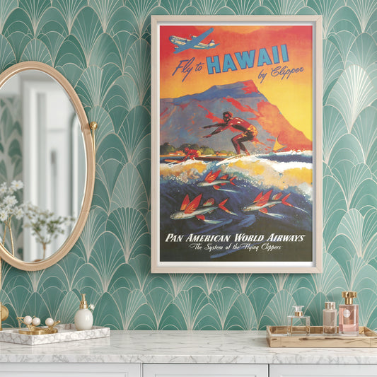 Fly to Hawaii by Clipper – Vintage Pan American World Airways Surf & Flying Fish Poster