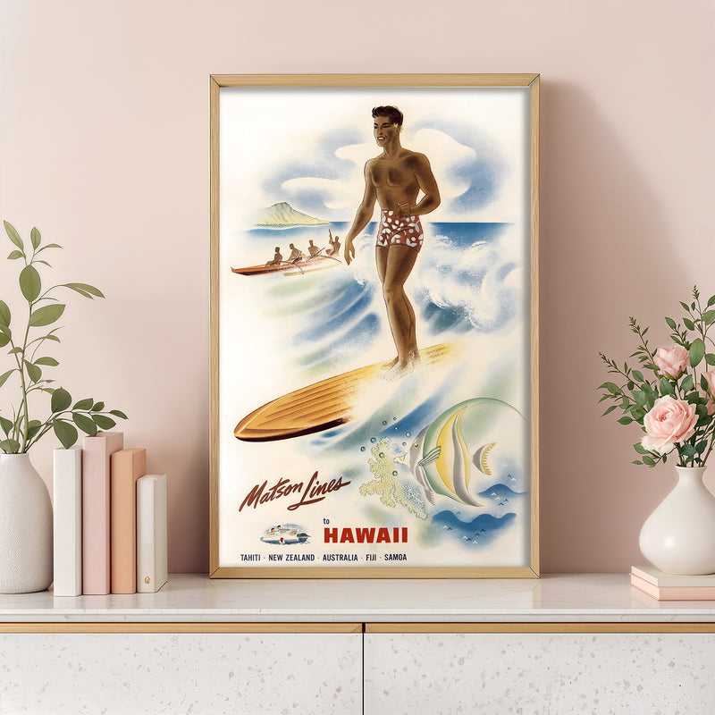 Matson Lines to Hawaii Vintage Travel Poster – Retro Surf Art Print, Mid-Century Pacific Island Tourism Illustration