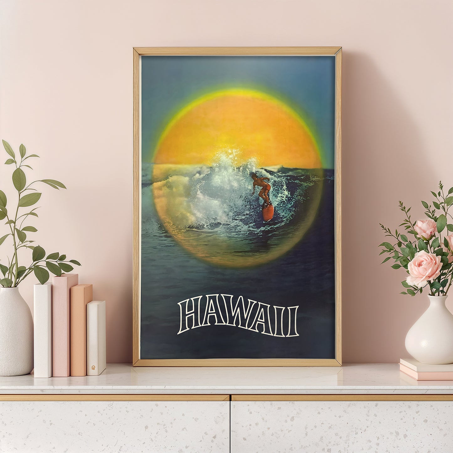 Vintage Hawaii Surf Poster – Retro Sunset Wave Art Print, 1970s Surf Photography Style Wall Art