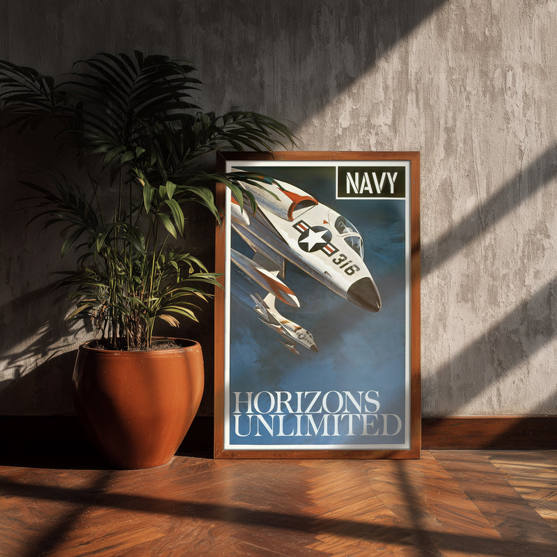 Navy aviation poster print, Horizons Unlimited jet art, vintage military aircraft wall decor 11x17