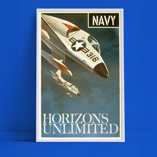 Navy aviation poster print, Horizons Unlimited jet art, vintage military aircraft wall decor 11x17
