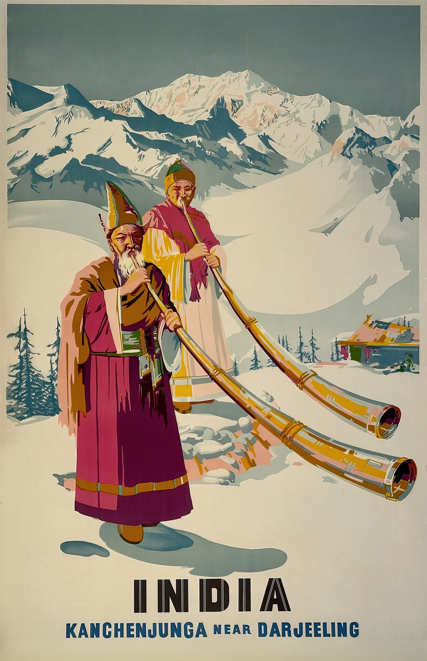 Vintage India Travel Poster – Kanchenjunga Near Darjeeling Wall Art, Restored 1930s Himalayan Print
