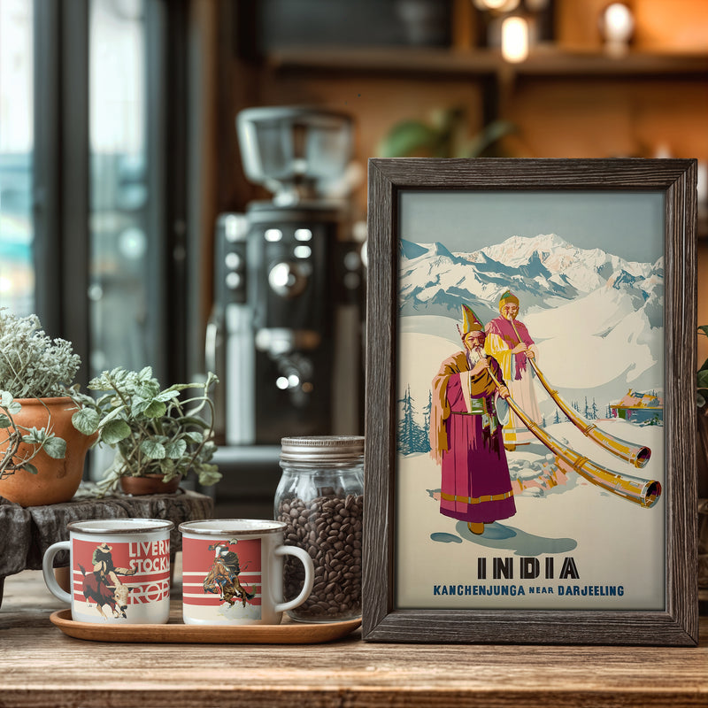 Vintage India Travel Poster – Kanchenjunga Near Darjeeling Wall Art, Restored 1930s Himalayan Print