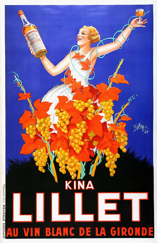 Kina Lillet Vintage French Poster Print, 1930s Wine Aperitif Ad Art, Art Deco Bar Decor, Blue Red Grapes Wall Art, 11x17