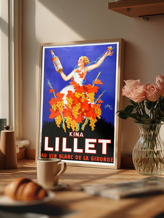 Kina Lillet Vintage French Poster Print, 1930s Wine Aperitif Ad Art, Art Deco Bar Decor, Blue Red Grapes Wall Art, 11x17