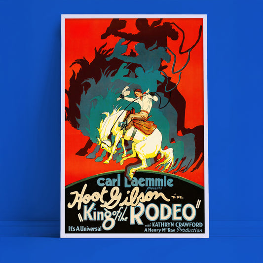 Vintage rodeo movie poster print, bold red cowboy art, western wall decor, retro cinema