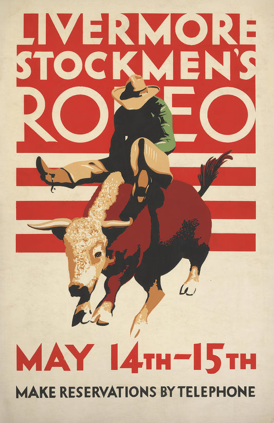 Livermore Stockmen’s Rodeo Poster • Vintage Western Rodeo Print • Cowboy Bull Riding Wall Art • Rustic Americana Decor