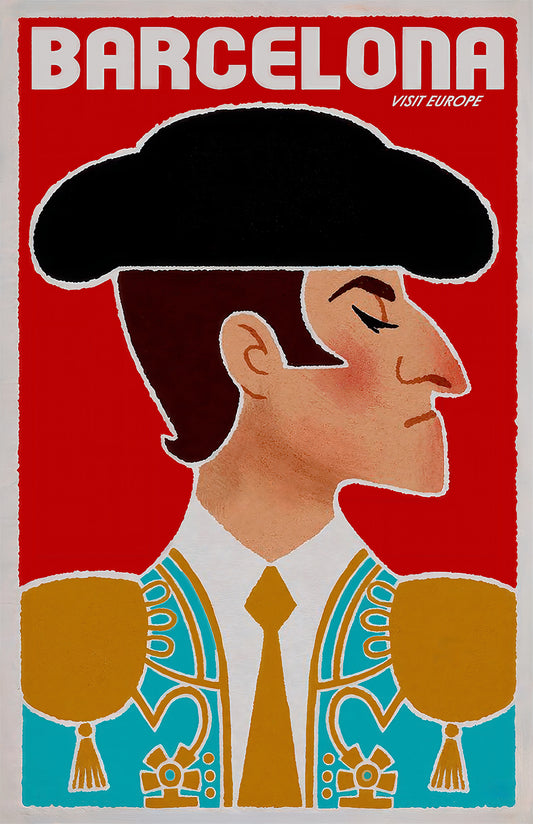Barcelona poster vintage print, matador illustration travel wall art for Spain decor and gifts