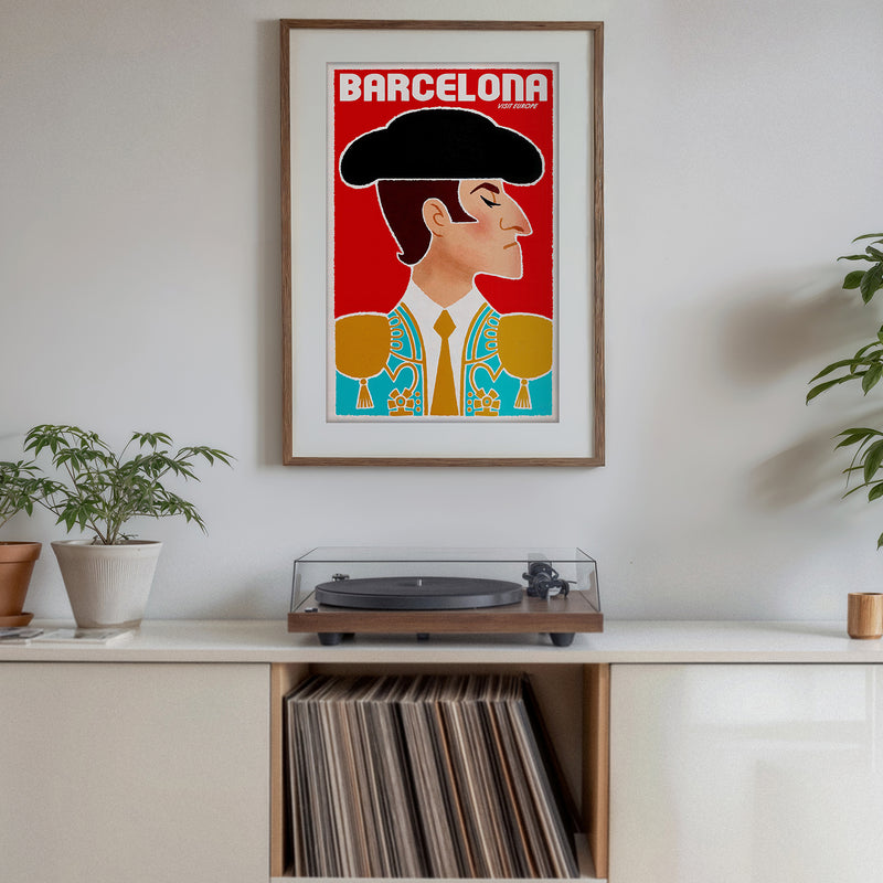 Barcelona poster vintage print, matador illustration travel wall art for Spain decor and gifts