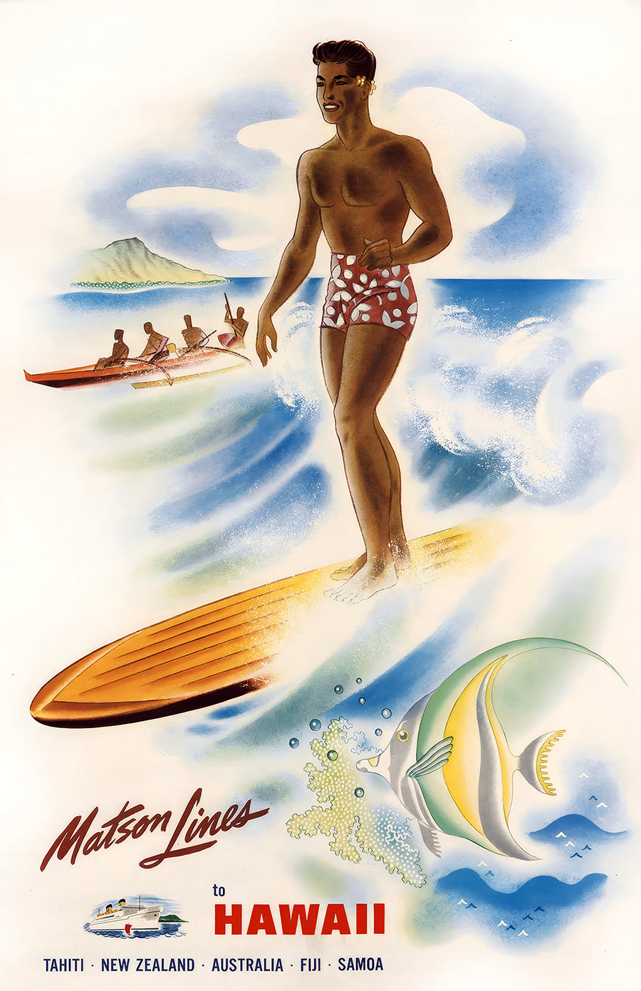Matson Lines to Hawaii Vintage Travel Poster – Retro Surf Art Print, Mid-Century Pacific Island Tourism Illustration