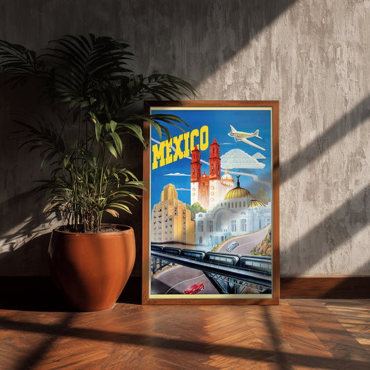 Mexico City travel poster print, vintage architecture art, retro aviation tourism wall decor 11x17