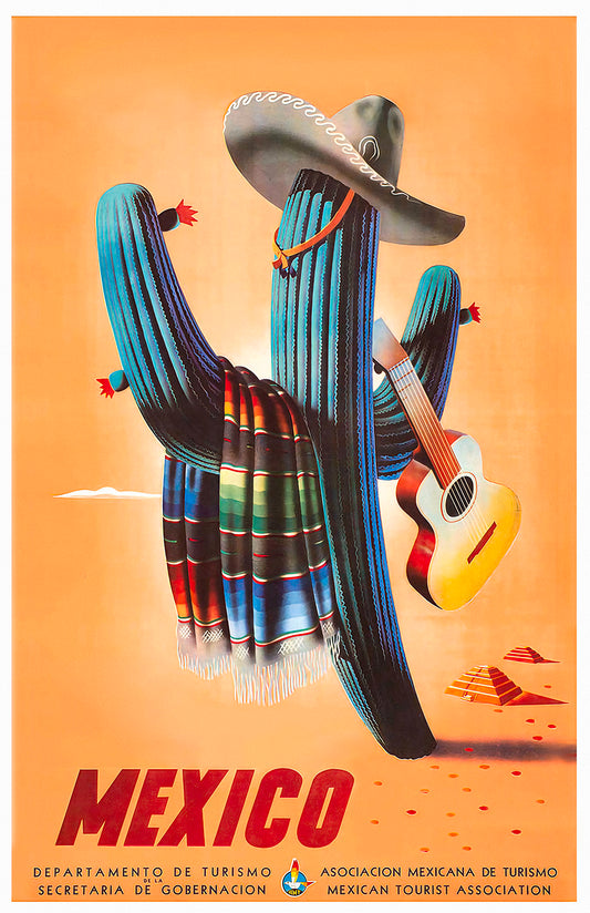 Mexico travel poster print, sombrero cactus art vintage-style tourism wall decor for fiesta-loving homes