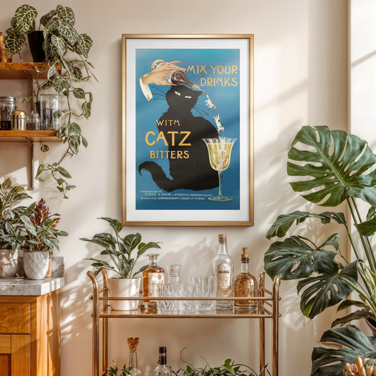 Catz Bitters Vintage Poster • Black Cat Art Deco Bar Print • Retro Liquor Advertisement Wall Art