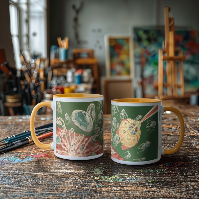 Retro Sci-Fi Invasion Ceramic Mug – Vintage Space Art Coffee Mug (11oz & 15oz) with Color Handle