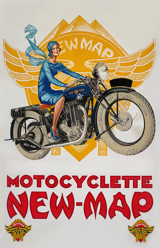 Vintage motorcycle poster print, Motocyclette New-Map art, Art Deco rider wall decor