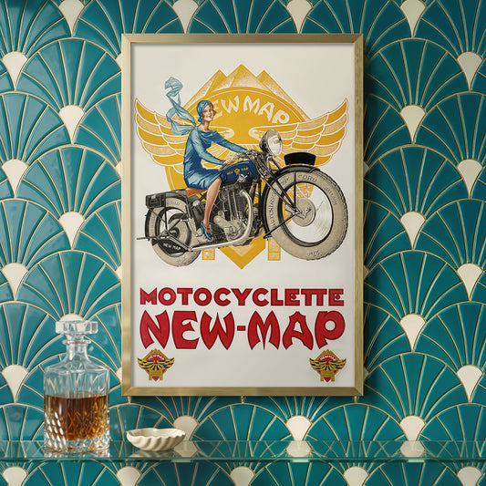 Vintage motorcycle poster print, Motocyclette New-Map art, Art Deco rider wall decor