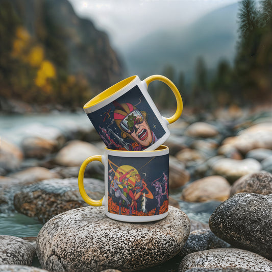 Retro Pulp Sci-Fi Chaos Mug – Vintage Space Comic Art Coffee Mug with Color Handle & Interior