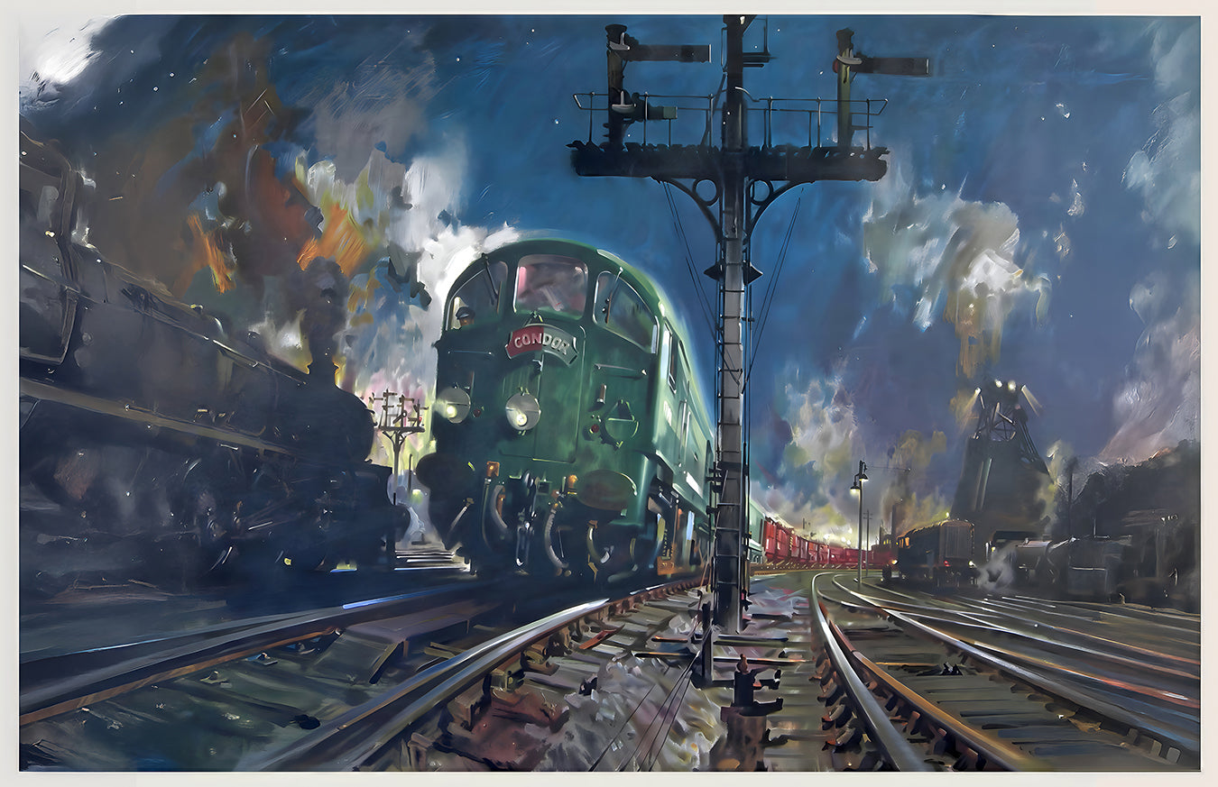 Night freight train print, moody railroad wall art, diesel locomotive painting, industrial decor