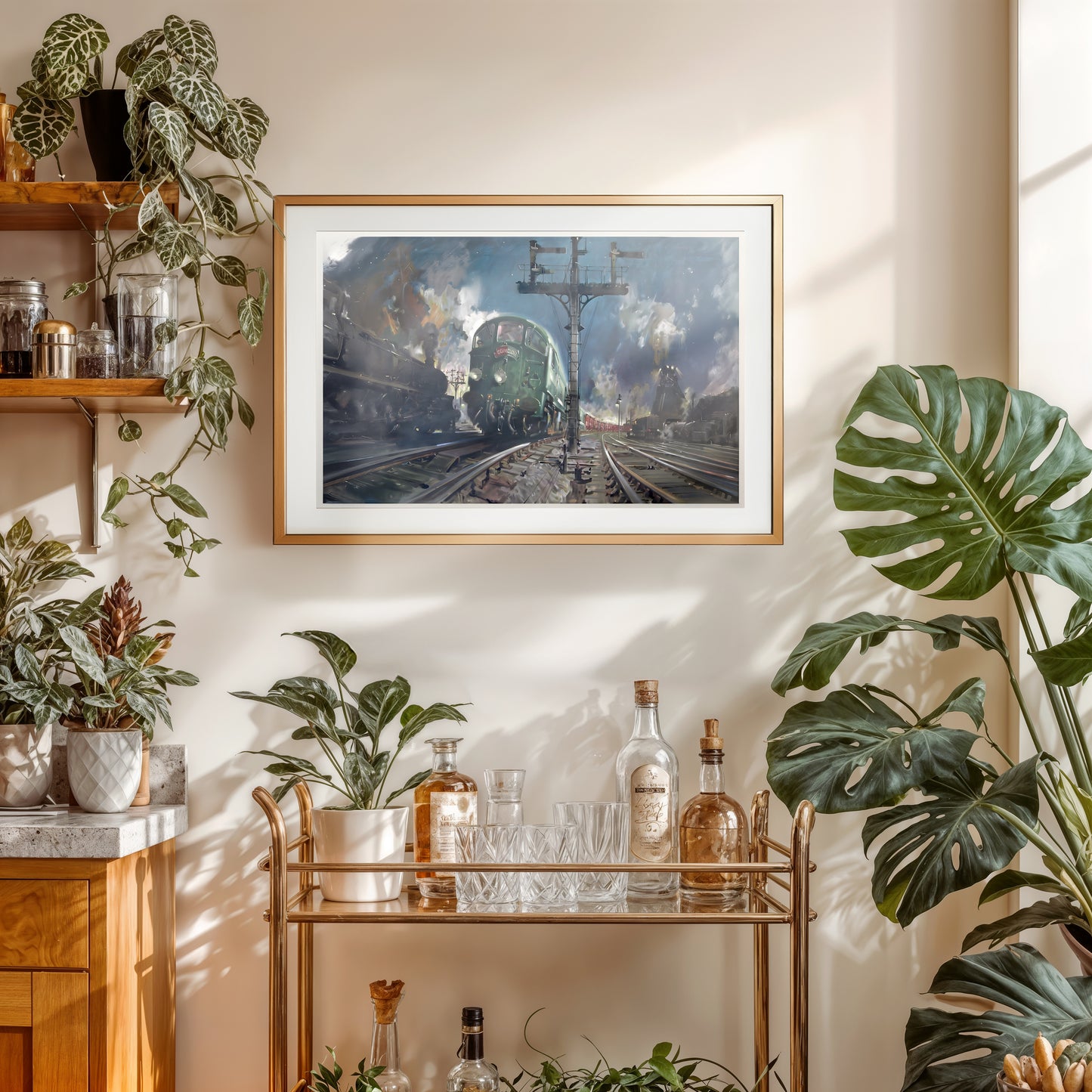 Night freight train print, moody railroad wall art, diesel locomotive painting, industrial decor