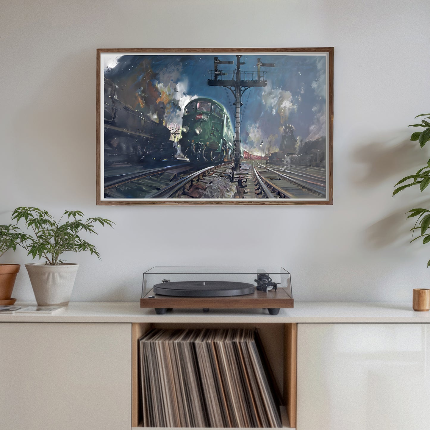 Night freight train print, moody railroad wall art, diesel locomotive painting, industrial decor
