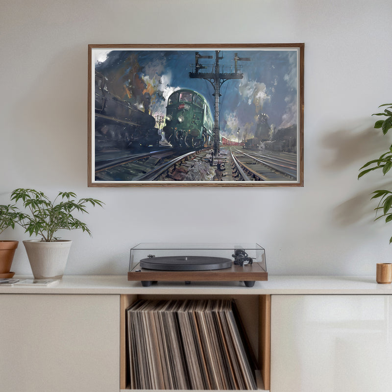 Night freight train print, moody railroad wall art, diesel locomotive painting, industrial decor