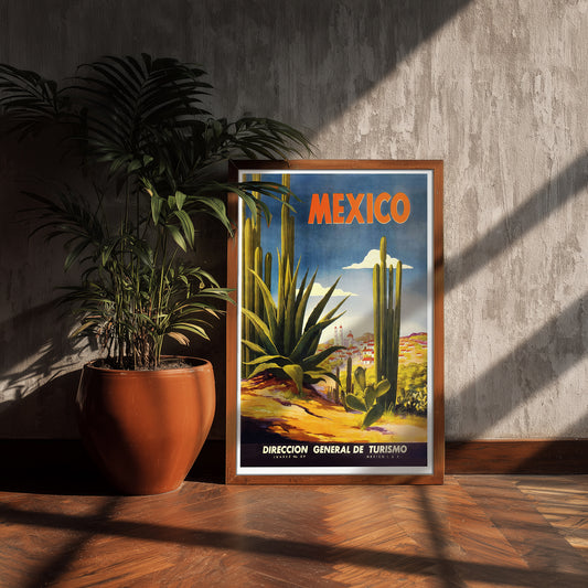 Mexico travel poster print, cactus desert landscape art, vintage tourism wall decor 11x17