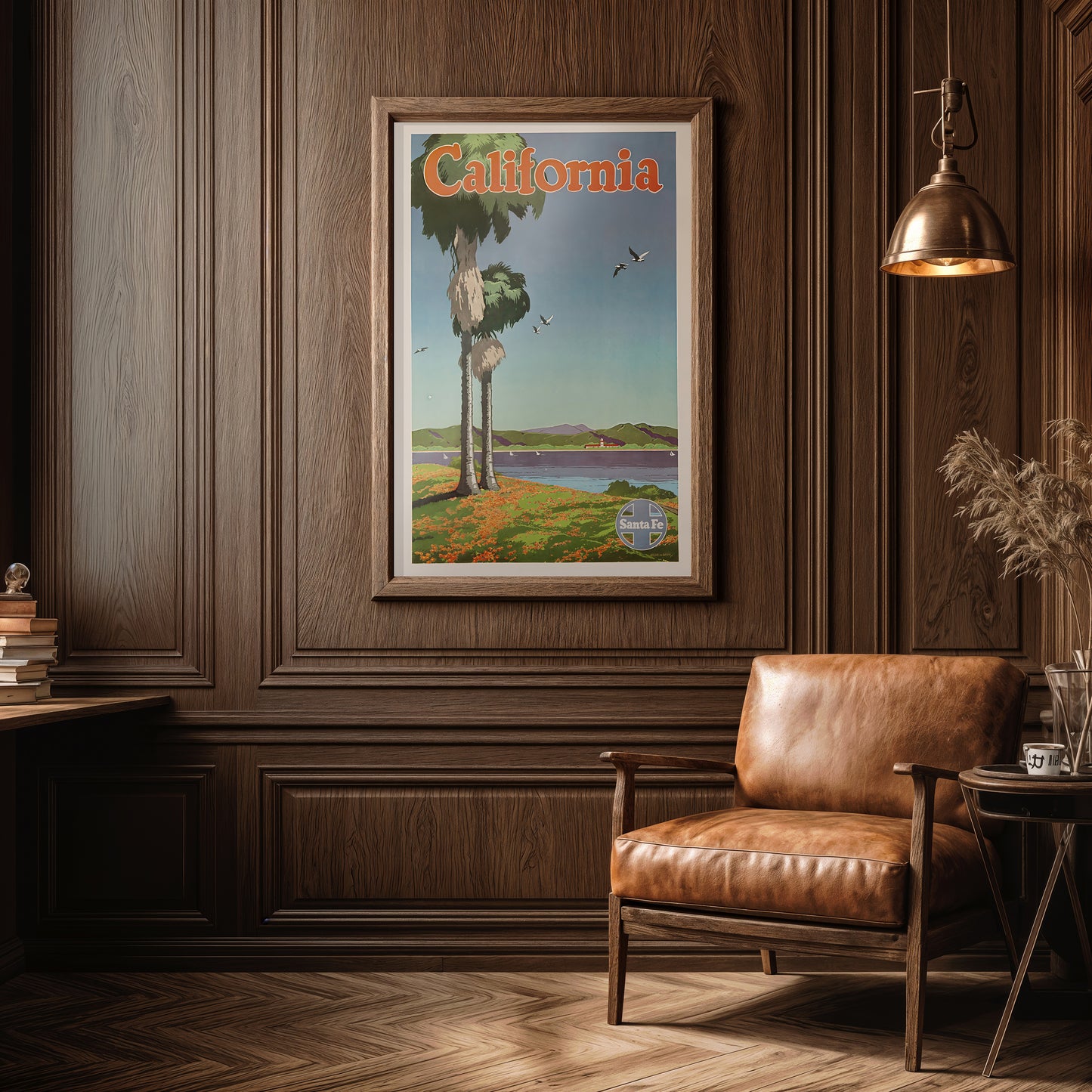 California Santa Fe Railway Vintage Travel Poster – Palm Trees and Coastal View