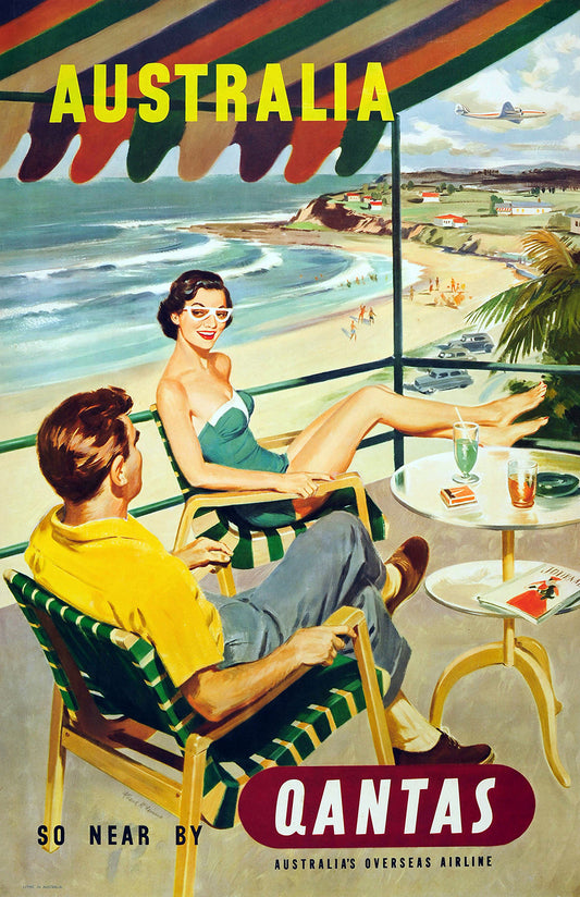 Australia Qantas Vintage Travel Poster – Mid-Century Beach Airline Art Print, Retro Coastal Tourism Wall Art