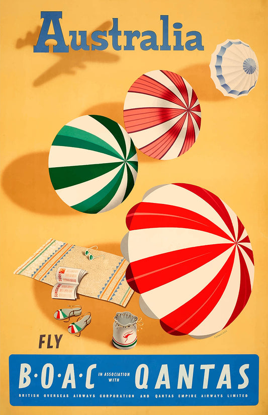 Australia poster print, vintage beach umbrella art, retro travel wall decor, sunny gift idea