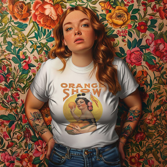 Vintage Orange Show Graphic Tee – Retro Fruit Festival Pin-Up Shirt