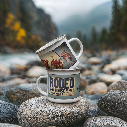 Vintage Rodeo Enamel Mug – Red Horse Hurley Ranch Western Cowboy Camp Mug