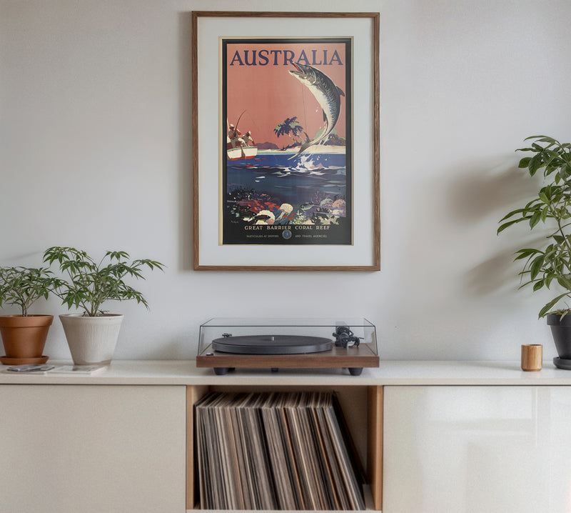 Australia Great Barrier Coral Reef Vintage Travel Poster – Classic Fishing & Marine Life Art Print, Retro Australian Wall Art