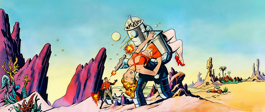 Retro Sci-Fi Robot Pin-Up Mug – Vintage Space Romance Art Coffee Mug with Color Interior & Handle