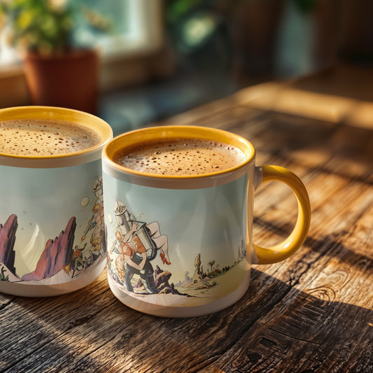 Retro Sci-Fi Robot Pin-Up Mug – Vintage Space Romance Art Coffee Mug with Color Interior & Handle