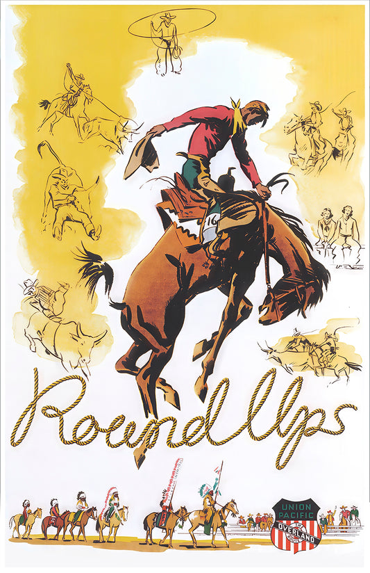 Roundups rodeo poster print, vintage bronc rider art, western wall decor for cowboy fans