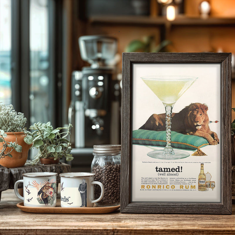 Ronrico Rum Vintage Advertisement Poster Print, Lion & Daiquiri Cocktail Art, Mid-Century Bar Decor, Retro Liquor Ad Wall Art, 11x17