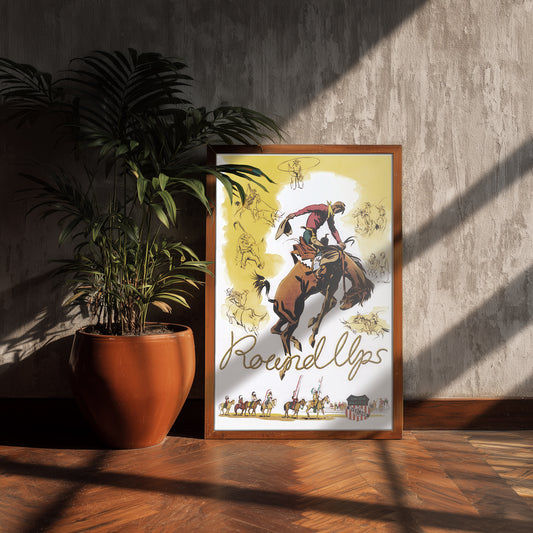 Roundups rodeo poster print, vintage bronc rider art, western wall decor for cowboy fans